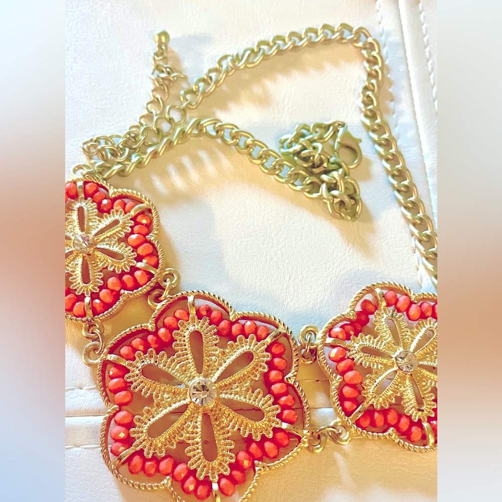 Orange, gold w rhinestones necklace